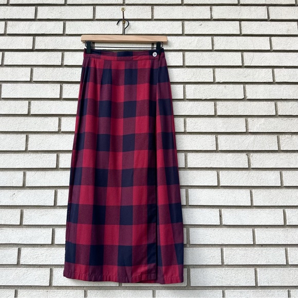 Vintage GAP Buffalo Plaid Midi Skirt Red Black Rayon Wrap Preppy Academia Fall - Picture 1 of 10